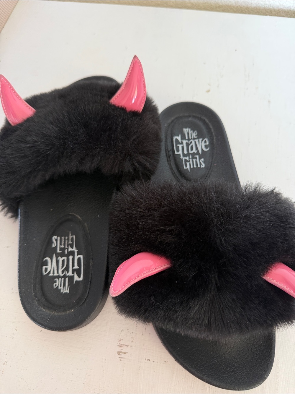 Dolls Kill Black Faux Fur Slide Sandals with Pink Devil Horns
